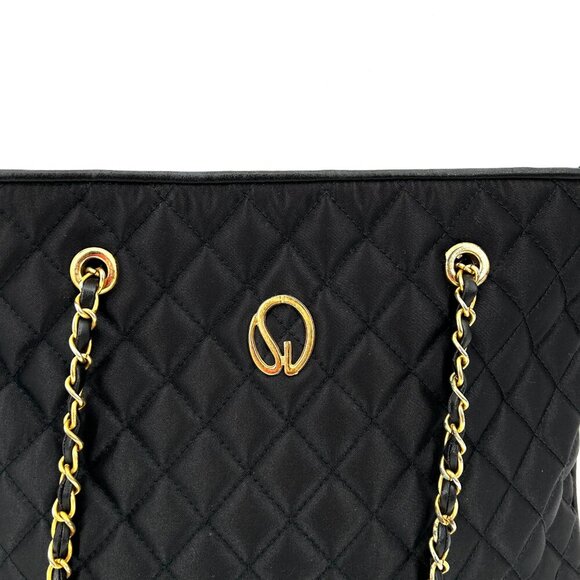 ST. JOHN Vintage Black Gold Tone Quilted Fabric Medium Shoulder Bag Purse - Picture 2 of 14